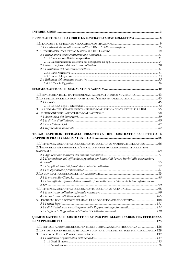 Indice della tesi: Efficacia soggettiva del contratto collettivo: il caso Pomigliano, Pagina 1