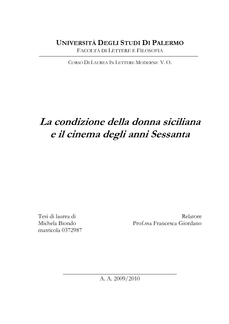 Anteprima della tesi: La condizione della donna siciliana e il cinema degli anni Sessanta, Pagina 1