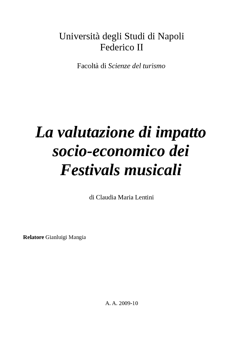 Anteprima della tesi: La valutazione di impatto socio-economico dei Festivals musicali, Pagina 1
