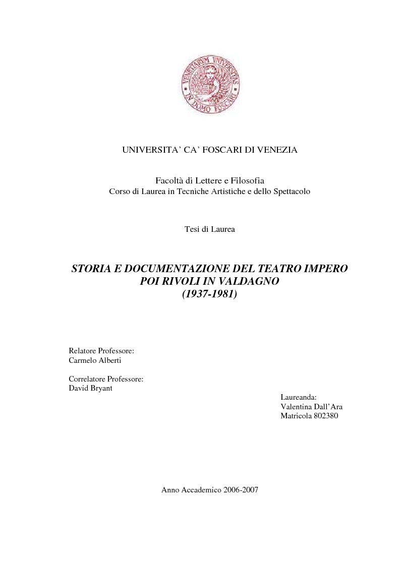 Anteprima della tesi: Storia e documentazione del Teatro Impero poi Rivoli in Valdagno (1937-1981), Pagina 1