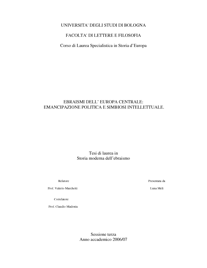 Anteprima della tesi: Ebraismi dell'Europa centrale: emancipazione politica e simbiosi intellettuale, Pagina 1