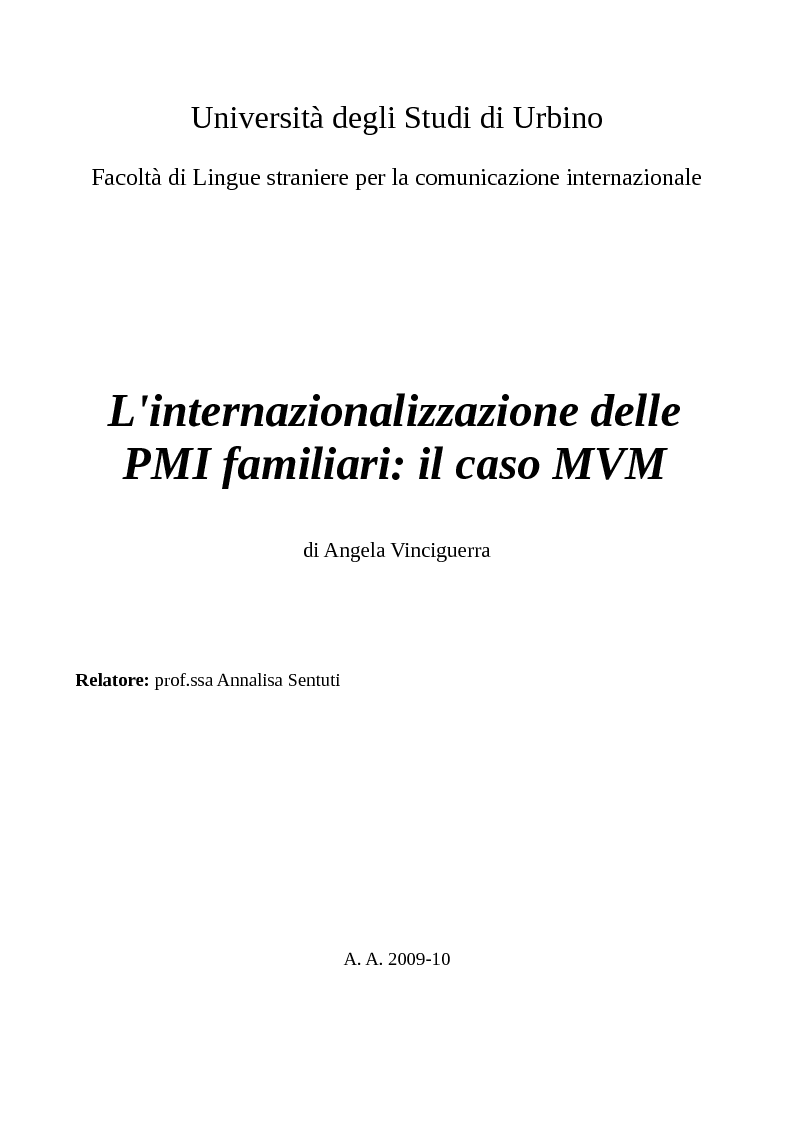 Anteprima della tesi: L'internazionalizzazione delle PMI familiari: il caso MVM, Pagina 1