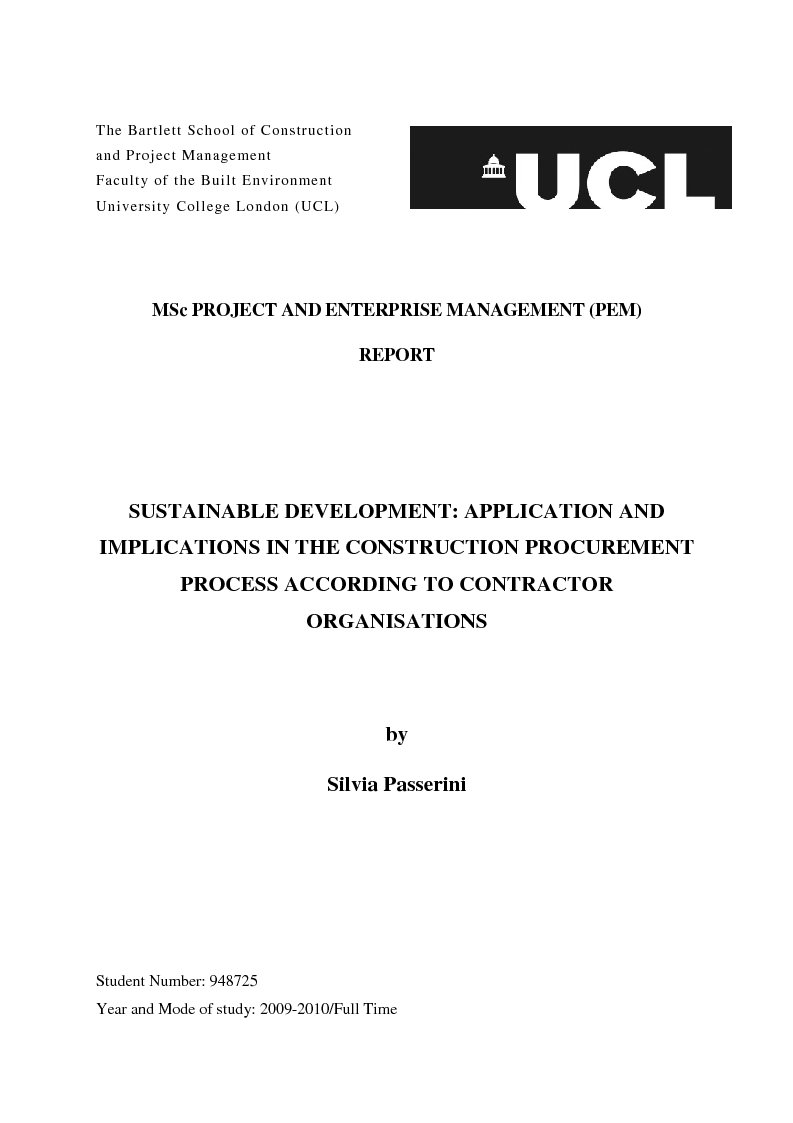 Anteprima della tesi: Sustainable Development: Application and Implications in The Construction Procurement Process According to Contractor Organisations, Pagina 1