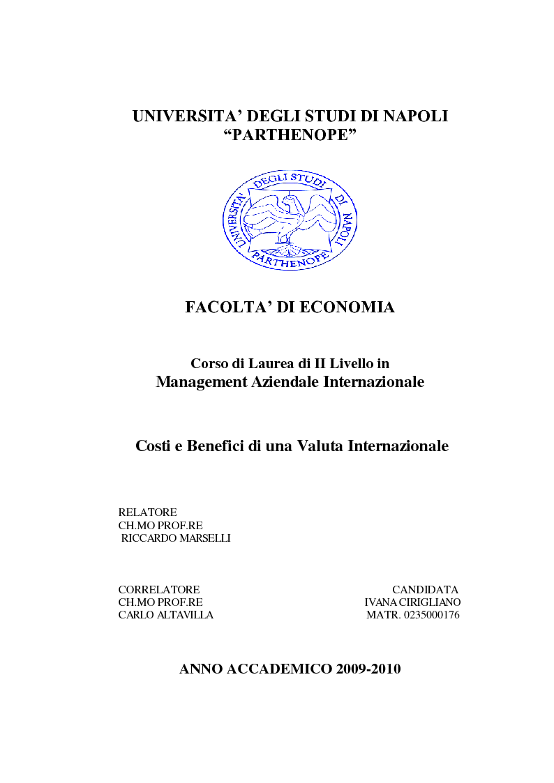 Anteprima della tesi: Costi e Benefici di una Valuta Internazionale, Pagina 1