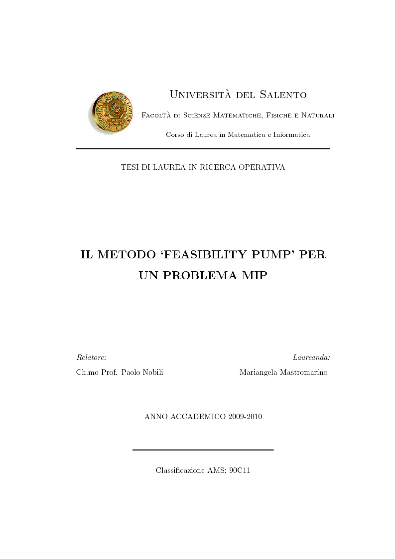 Anteprima della tesi: Il metodo ''Feasibility Pump'' per un problema MIP, Pagina 1
