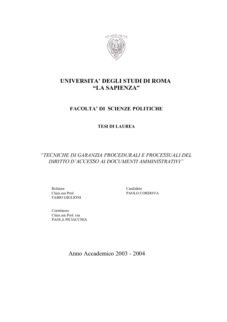 Anteprima della tesi: Tecniche di garanzia procedurali e processuali del diritto d'accesso ai documenti amministrativi, Pagina 1