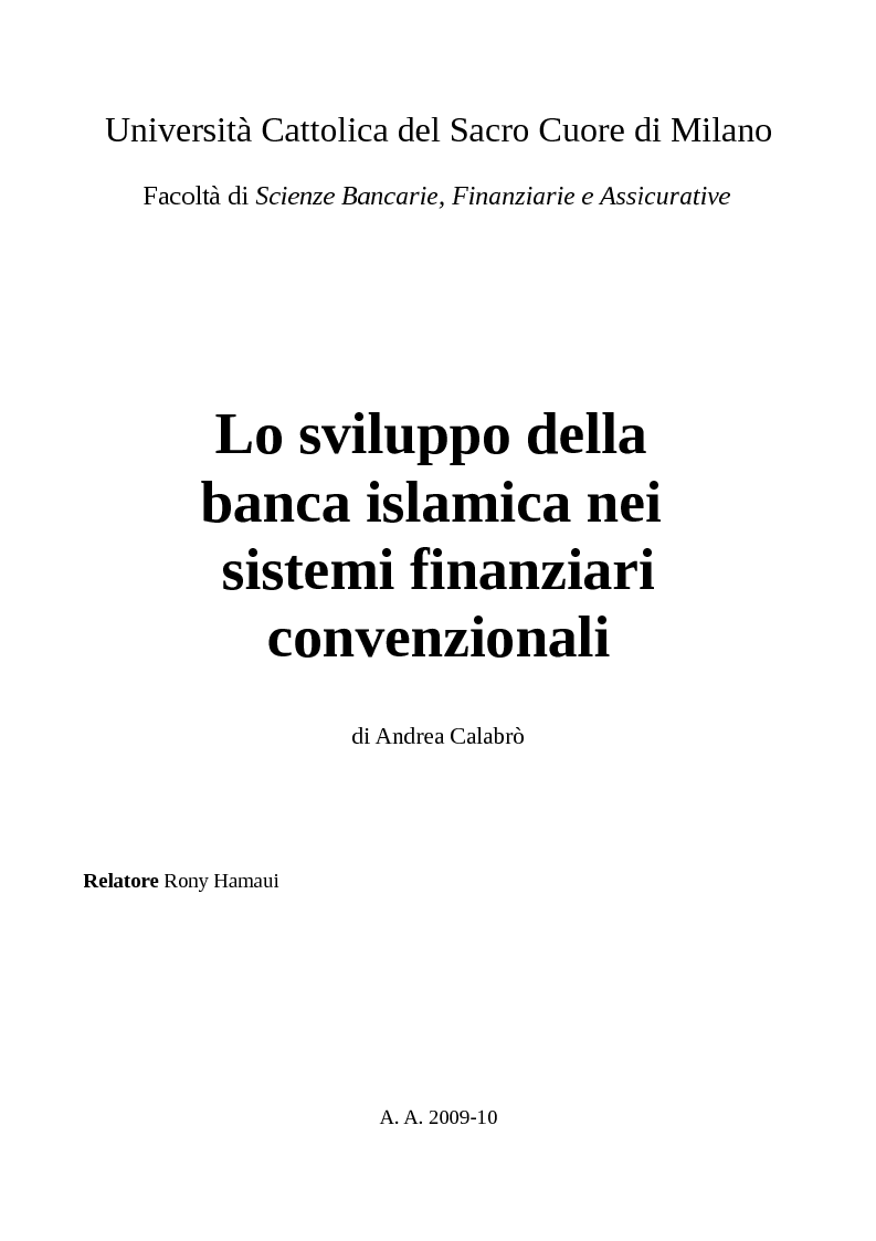 Anteprima della tesi: Lo sviluppo della banca islamica nei sistemi finanziari convenzionali, Pagina 1