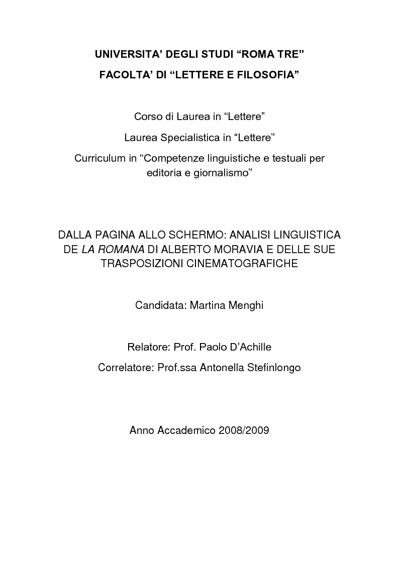 Anteprima della tesi: Dalla pagina allo schermo: analisi linguistica de "La romana" di Alberto Moravia e delle sue trasposizioni cinematografiche, Pagina 1