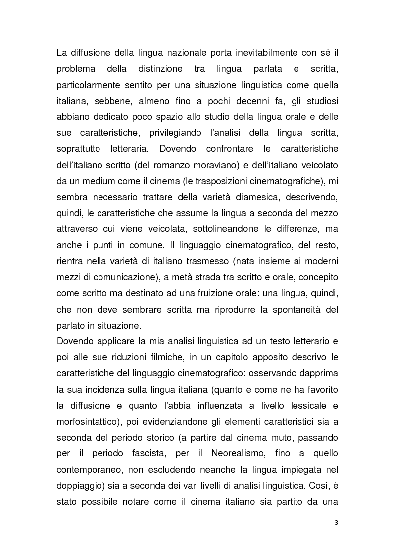 Anteprima della tesi: Dalla pagina allo schermo: analisi linguistica de "La romana" di Alberto Moravia e delle sue trasposizioni cinematografiche, Pagina 4