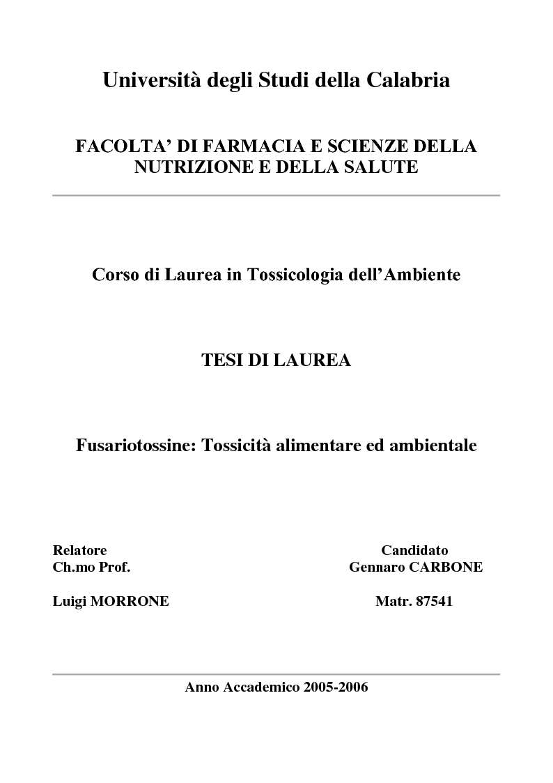 Anteprima della tesi: Fusariotossine: Tossicità alimentare ed ambientale, Pagina 1