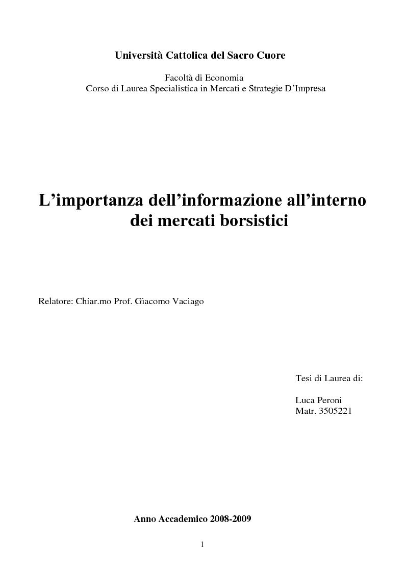 Anteprima della tesi: L’importanza dell’informazione all’interno dei mercati borsistici, Pagina 1