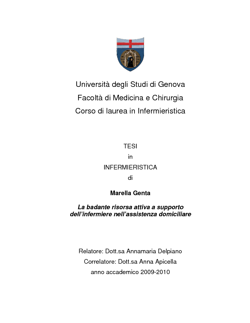 Anteprima della tesi: La Badante risorsa attiva a supporto dell'infermiere nell'assistenza domiciliare, Pagina 1