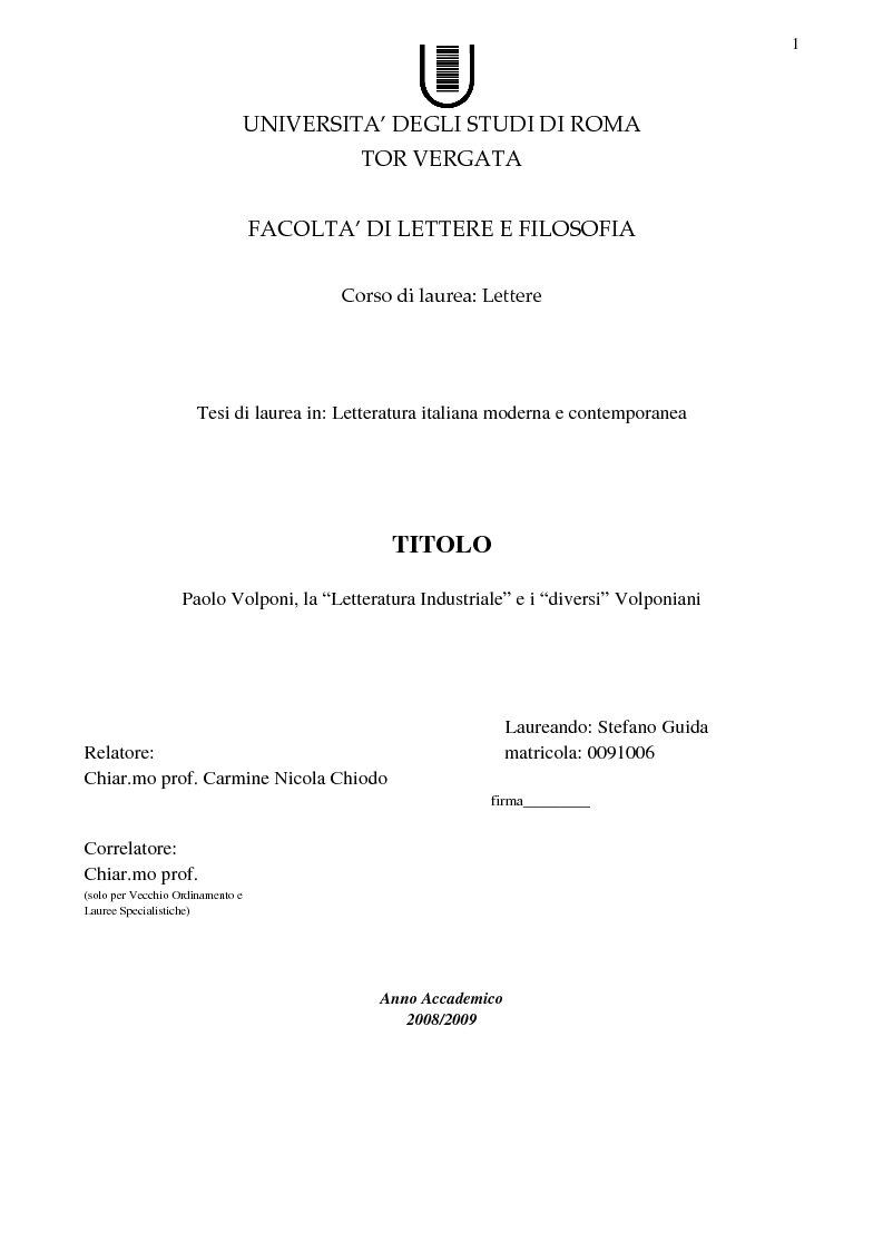 Anteprima della tesi: Paolo Volponi, la ''Letteratura Industriale'' e i ''diversi'' Volponiani, Pagina 1