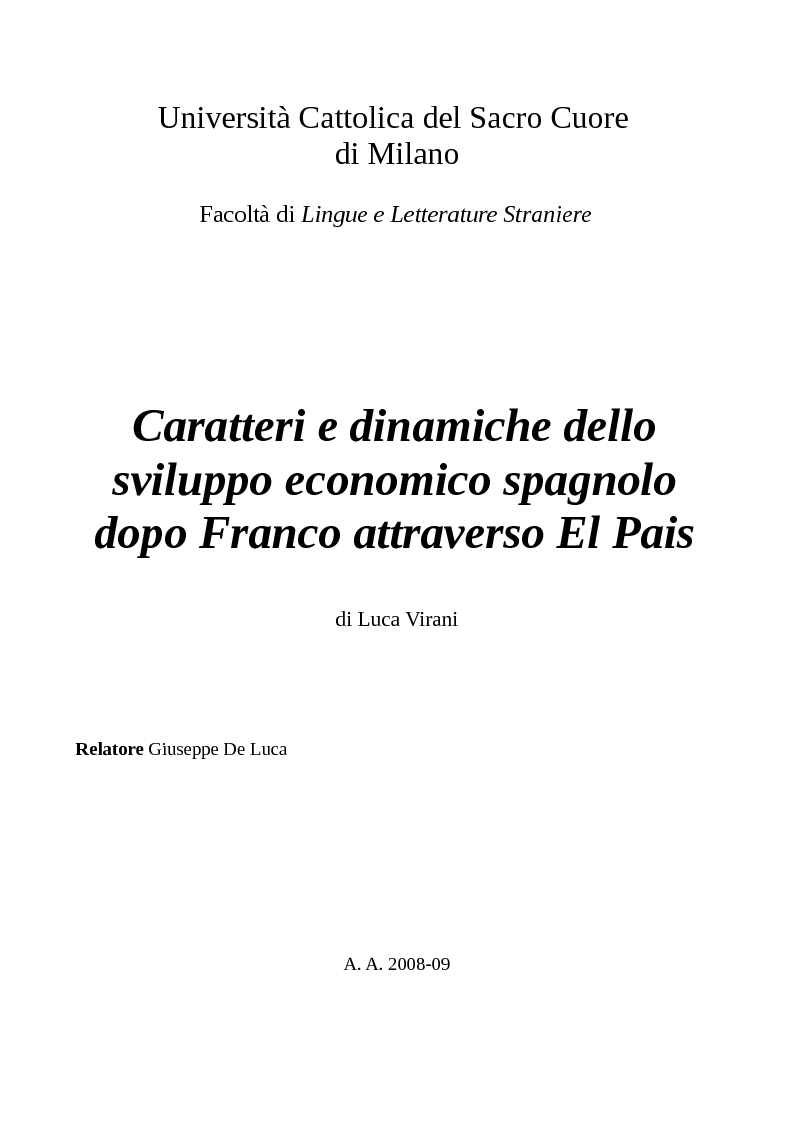 Anteprima della tesi: Caratteri e dinamiche dello sviluppo economico spagnolo dopo Franco attraverso El Pais, Pagina 1