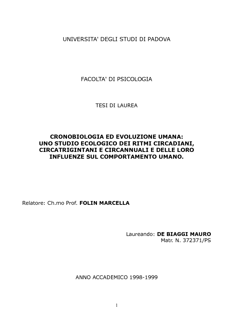 Anteprima della tesi: Cronobiologia ed evoluzione umana: uno studio ecologico dei ritmi circadiani, circatrigintani e circannuali e delle loro influenze sul comportamento umano., Pagina 1