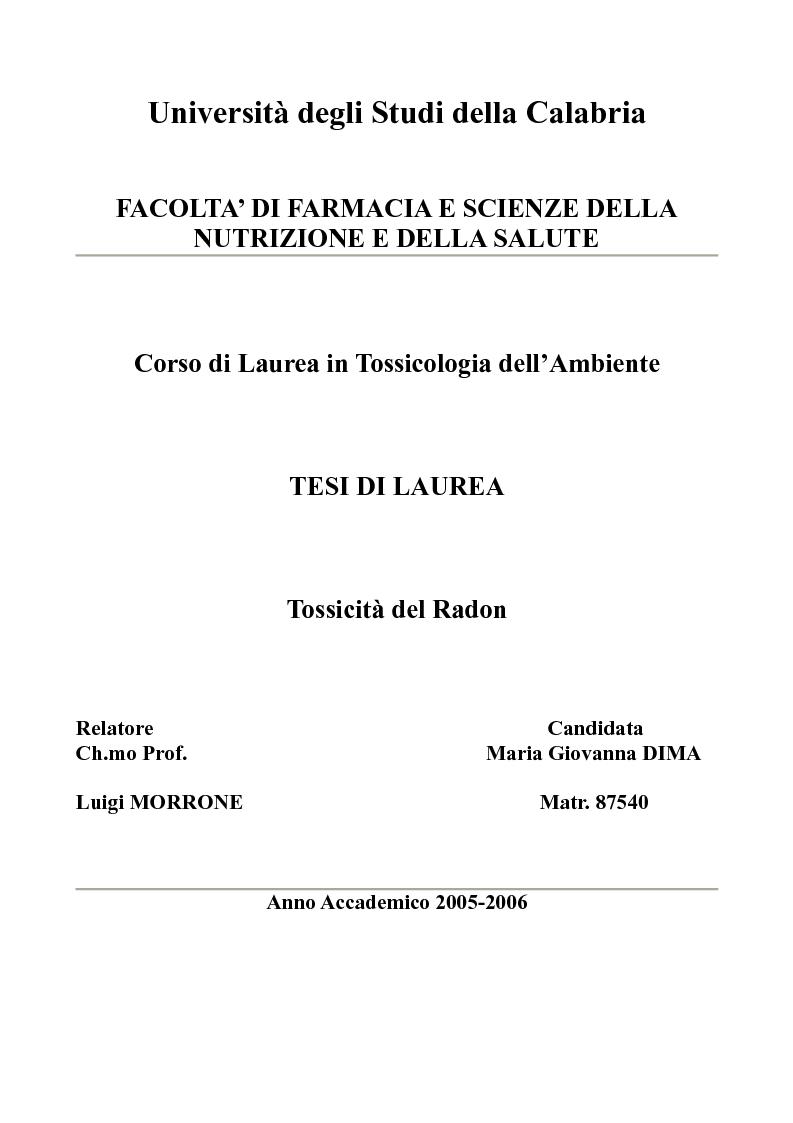 Anteprima della tesi: Tossicità del Radon, Pagina 1