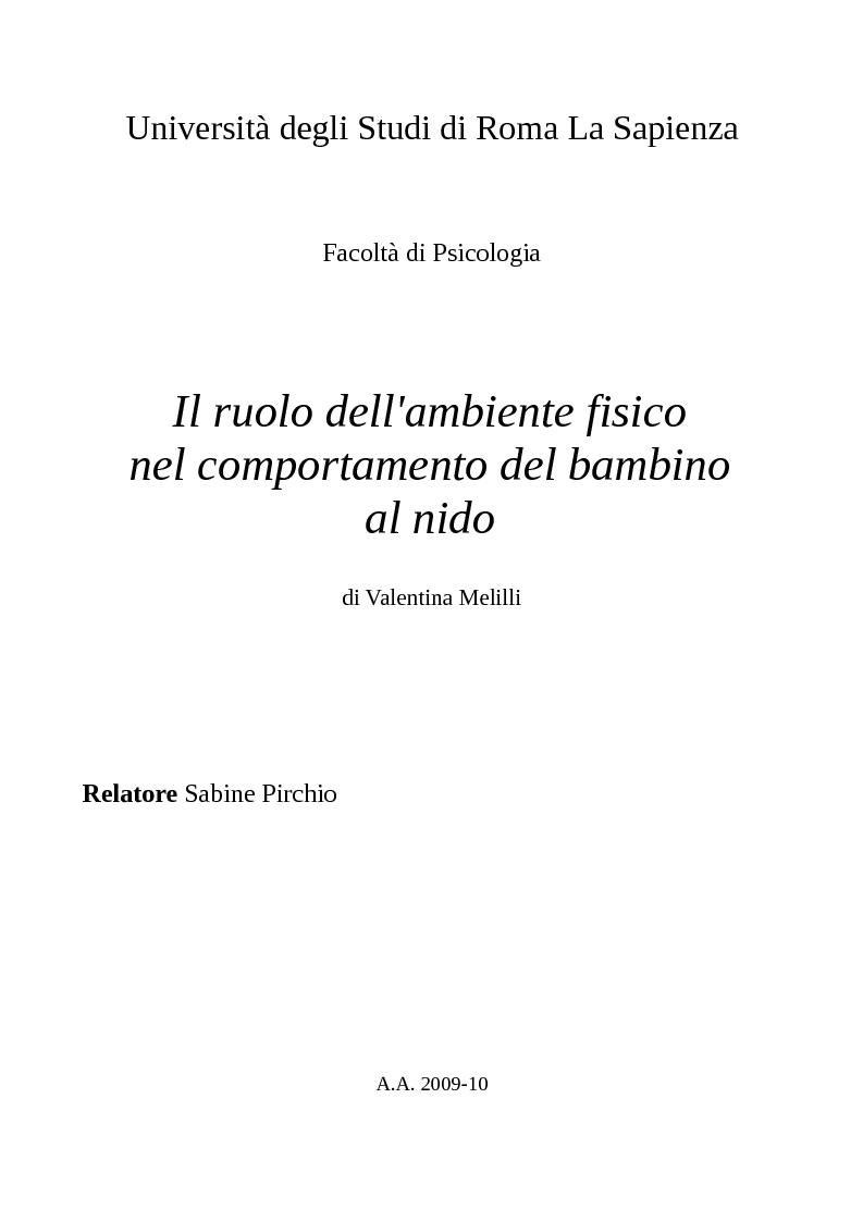 Anteprima della tesi: Il ruolo dell'ambiente fisico nel comportamento del bambino al nido, Pagina 1