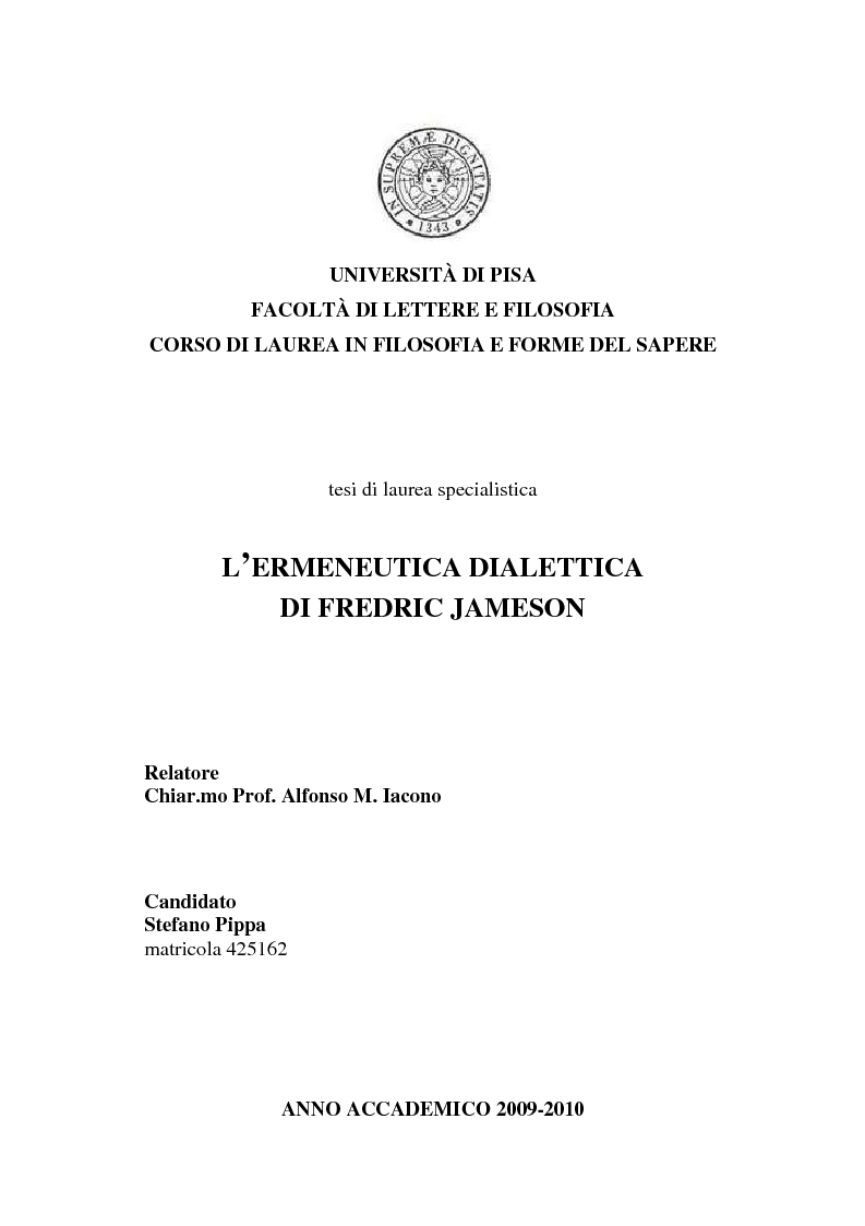 Anteprima della tesi: L'ermeneutica dialettica di Fredric Jameson, Pagina 1