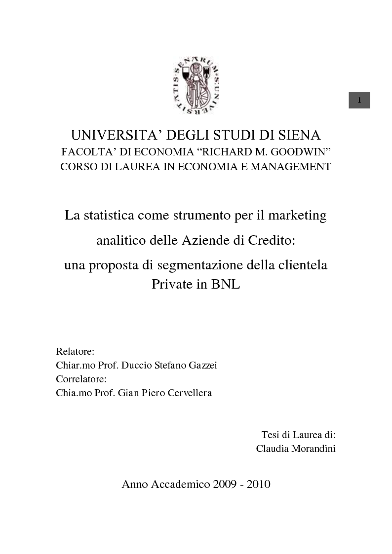 Anteprima della tesi: La statistica come strumento per il marketing analitico delle Aziende di Credito: una proposta di segmentazione della clientela Private in BNL, Pagina 1