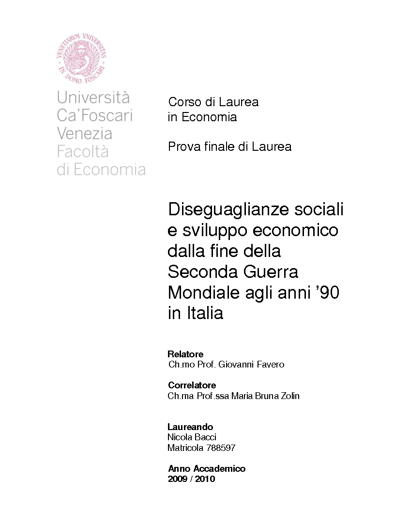 Anteprima della tesi: Diseguaglianze sociali e sviluppo economico dalla fine della Seconda Guerra Mondiale agli anni ’90 in Italia, Pagina 1