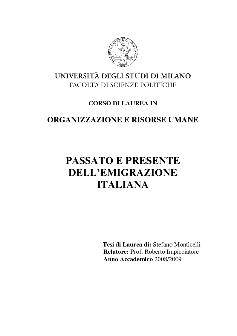 Anteprima della tesi: Passato e presente dell'emigrazione italiana, Pagina 1