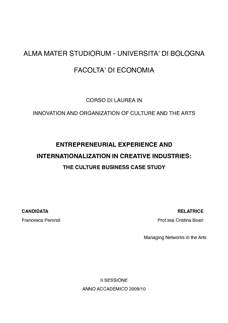 Anteprima della tesi: Entrepreneurial Experience and Internationalization in Creative Industries: The Culture Business Case Study, Pagina 1