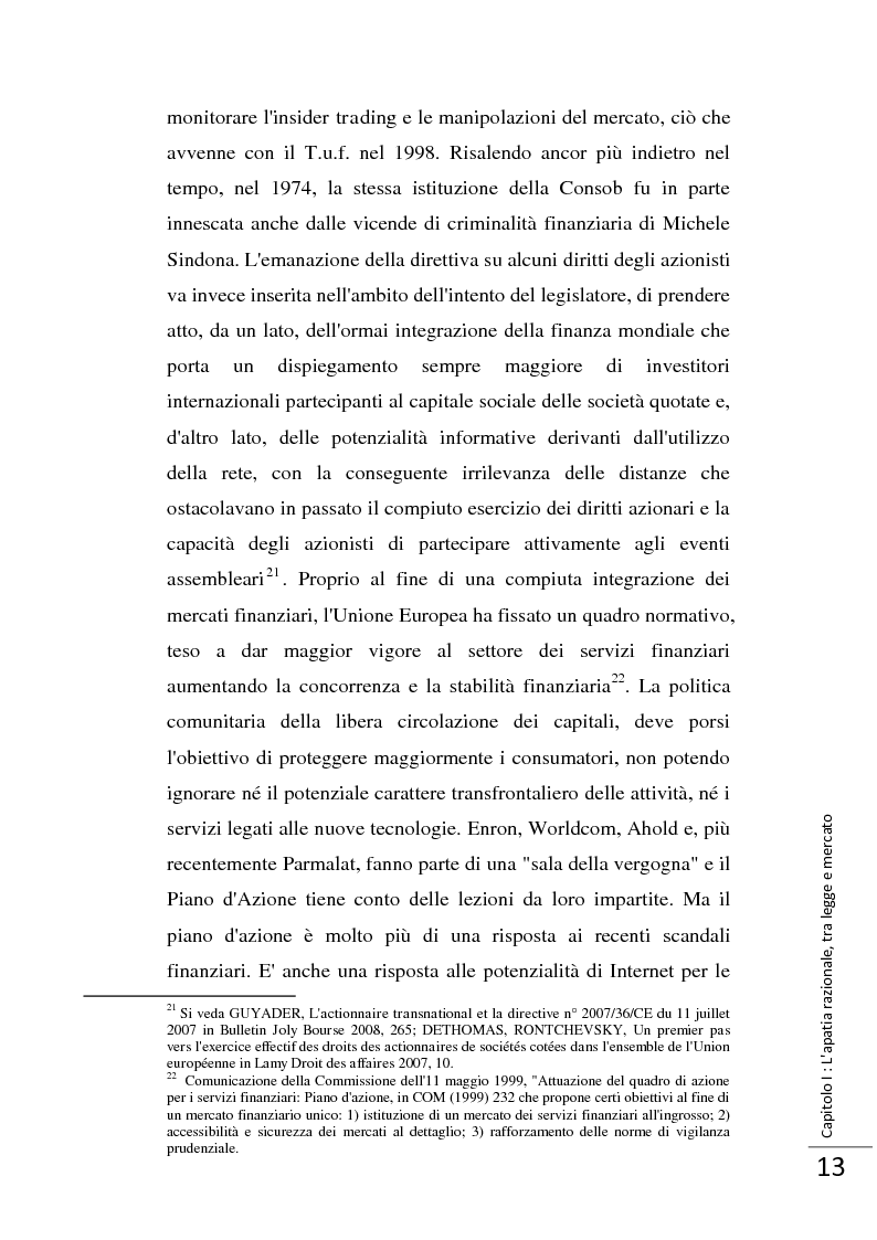Anteprima della tesi: La Direttiva 2007/36/CE: un provvedimento contro l'apatia razionale dei mercati europei. Attuazione in Italia e in Francia., Pagina 14