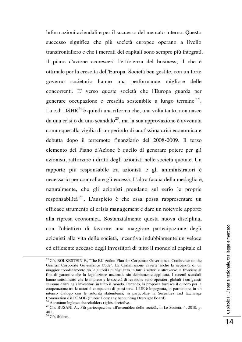Anteprima della tesi: La Direttiva 2007/36/CE: un provvedimento contro l'apatia razionale dei mercati europei. Attuazione in Italia e in Francia., Pagina 15