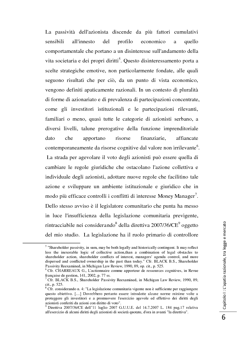 Anteprima della tesi: La Direttiva 2007/36/CE: un provvedimento contro l'apatia razionale dei mercati europei. Attuazione in Italia e in Francia., Pagina 7