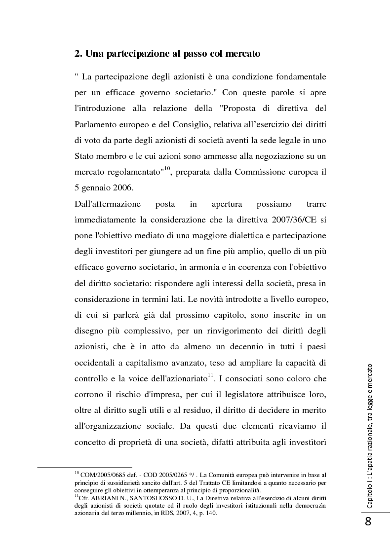 Anteprima della tesi: La Direttiva 2007/36/CE: un provvedimento contro l'apatia razionale dei mercati europei. Attuazione in Italia e in Francia., Pagina 9