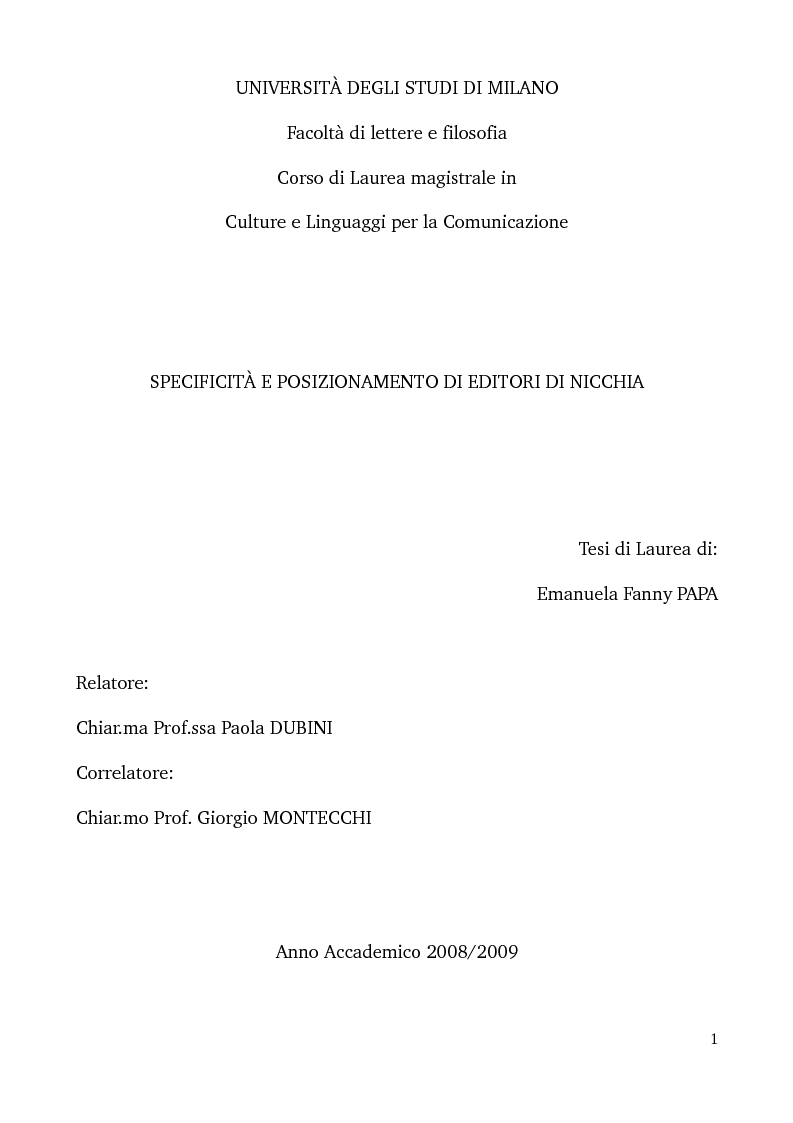 Anteprima della tesi: Specificità e posizionamento di editori di nicchia, Pagina 1