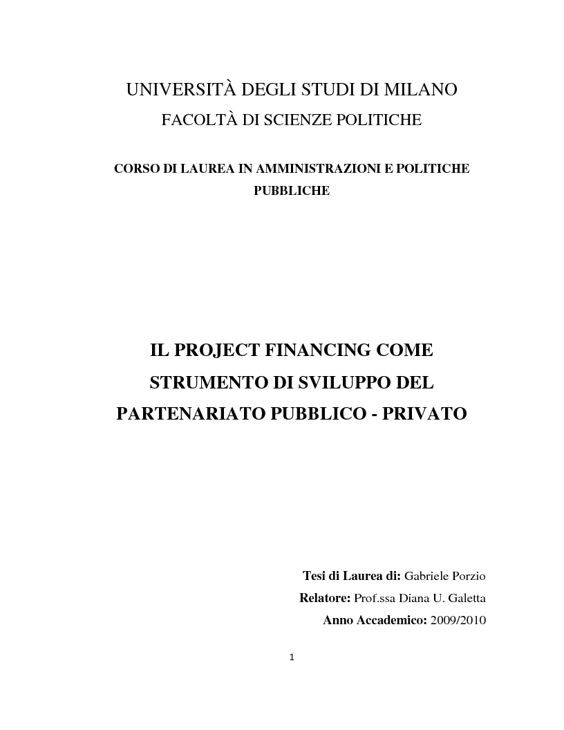 Anteprima della tesi: Il project financing come strumento di sviluppo del partenariato pubblico privato, Pagina 1