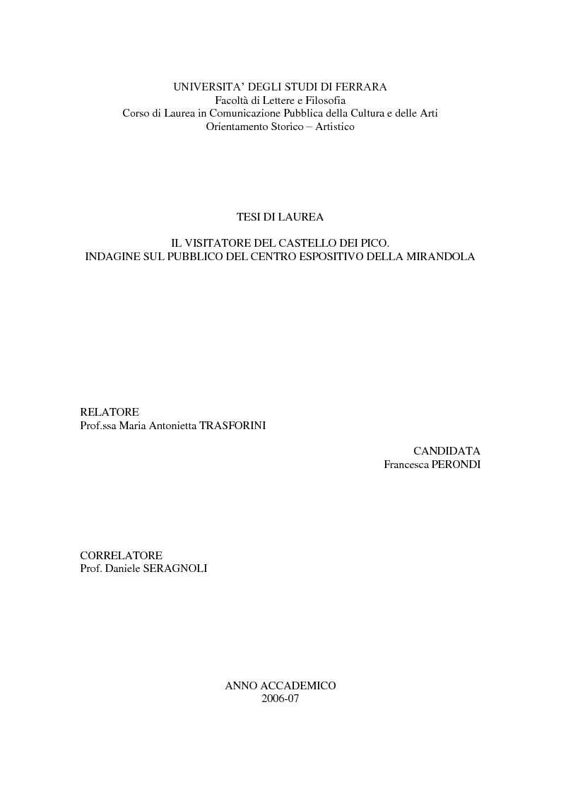 Anteprima della tesi: Il Pubblico del Castello dei Pico. Indagine sui Visitatori del Centro Espositivo della Mirandola, Pagina 1