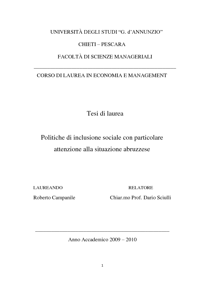 Anteprima della tesi: Politiche di inclusione sociale con particolare attenzione alla situazione abruzzese, Pagina 1