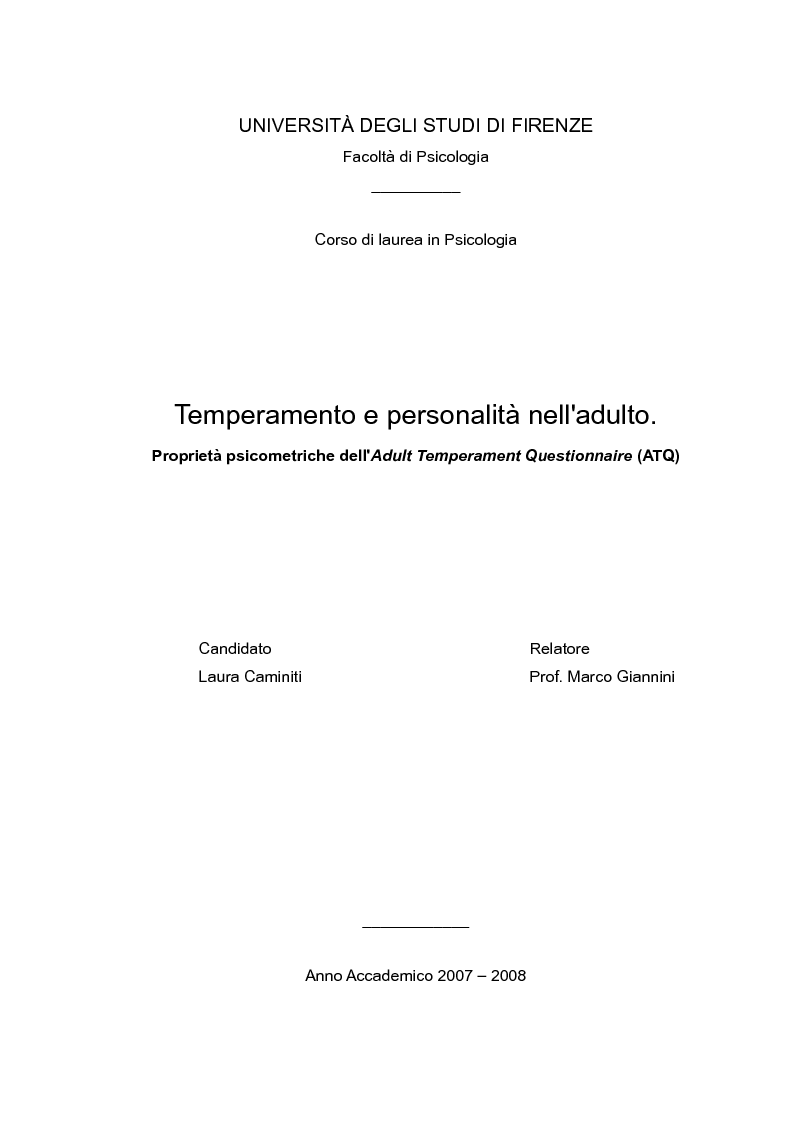 Anteprima della tesi: Temperamento e personalità nell'adulto. Proprietà psicometriche dell'Adult Temperament Questionnaire (ATQ), Pagina 1