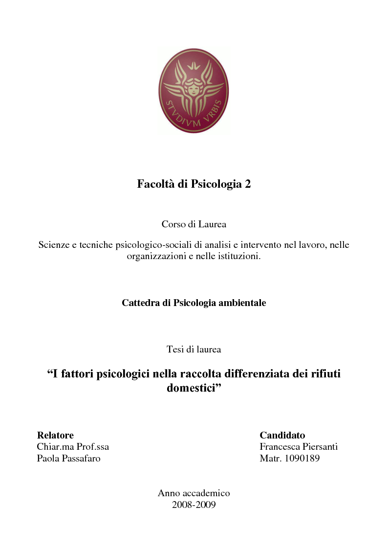Anteprima della tesi: I fattori psicologici nella raccolta differenziata dei rifiuti domestici, Pagina 1