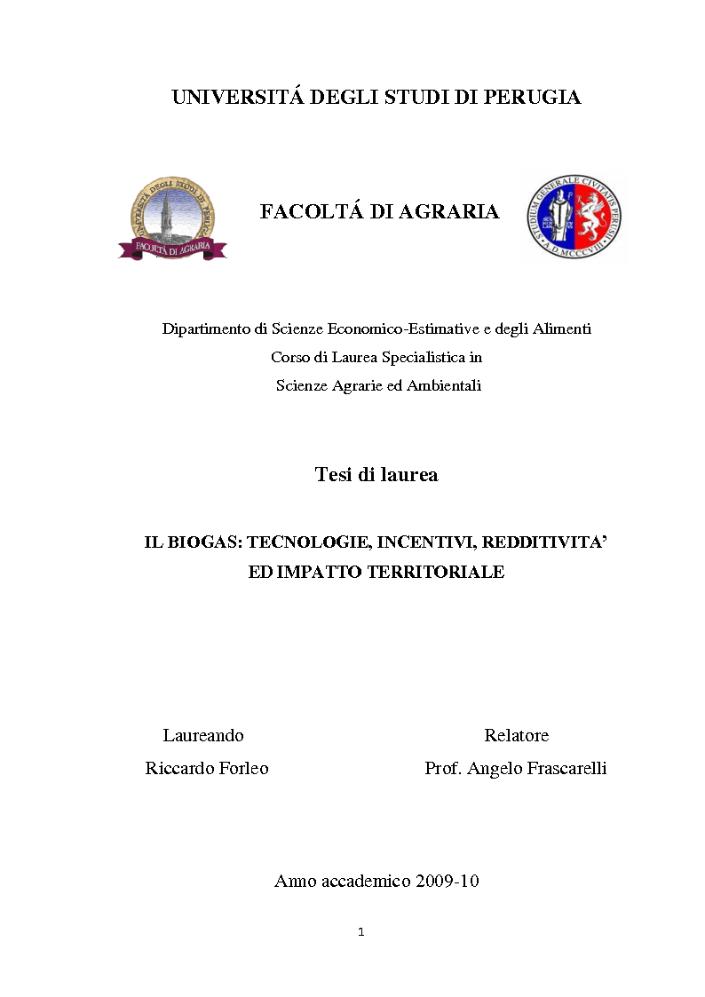 Anteprima della tesi: Biogas: tecnologie, incentivi, redditività ed impatto territoriale., Pagina 1