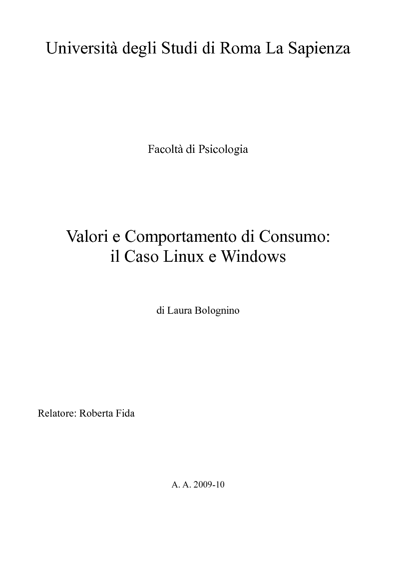 Anteprima della tesi: Valori e Comportamento di Consumo: il Caso Linux e Windows, Pagina 1