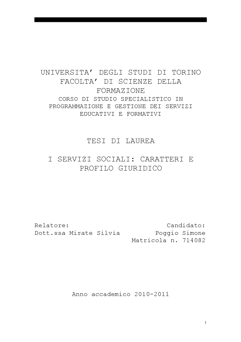 Anteprima della tesi: I servizi sociali: caratteri e profilo giuridico, Pagina 1