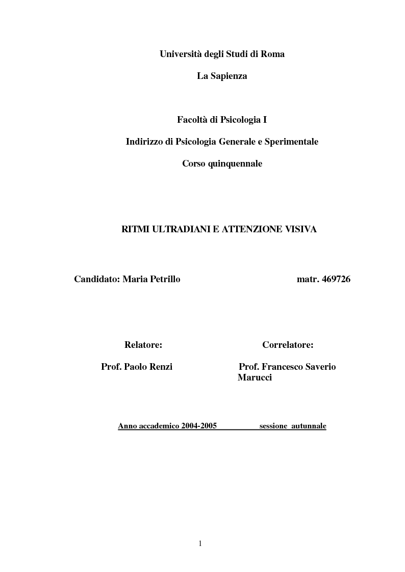 Anteprima della tesi: Ritmi ultradiani e attenzione sostenuta in compiti in modalità visiva, Pagina 1
