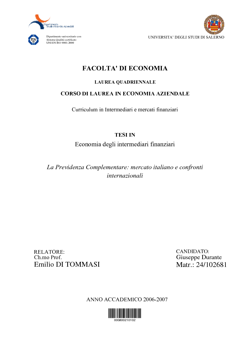 Anteprima della tesi: La Previdenza Complementare: mercato italiano e confronti internazionali, Pagina 1