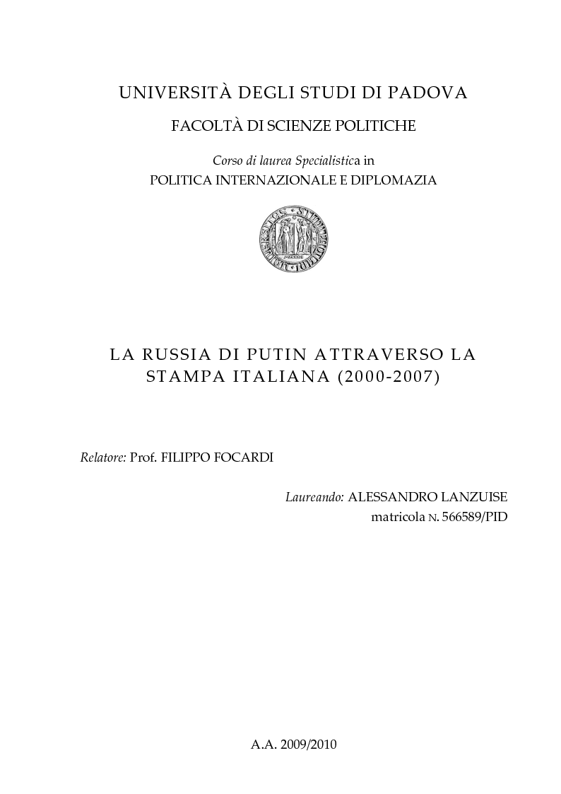 Anteprima della tesi: La Russia di Putin attraverso la stampa italiana (2000 - 2007), Pagina 1