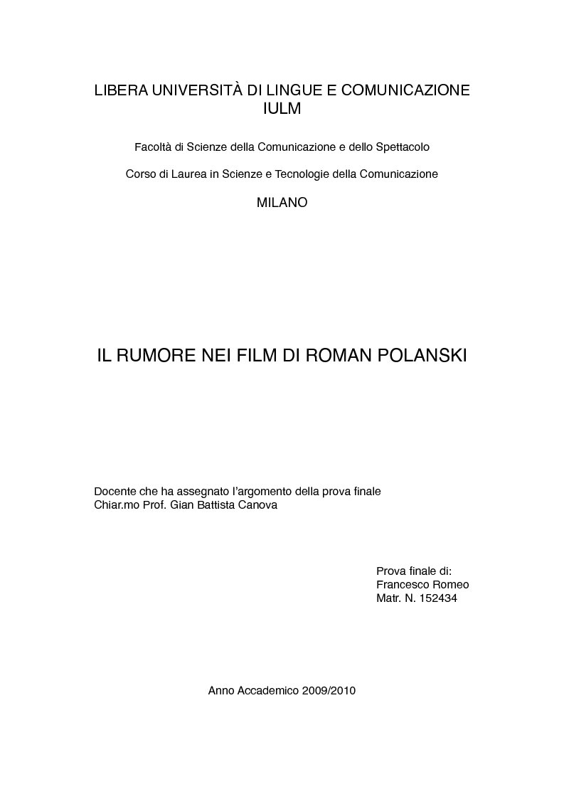 Anteprima della tesi: Il rumore nei film di Roman Polanski, Pagina 1