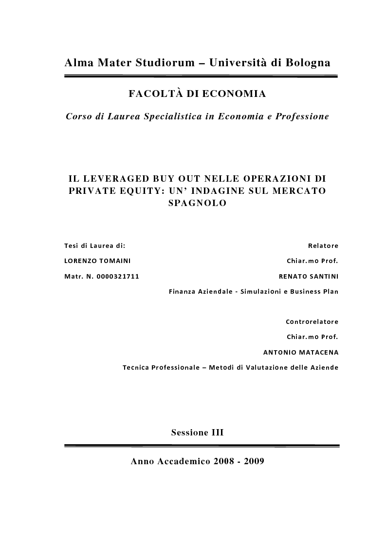 Anteprima della tesi: Il Leveraged Buy Out nelle Operazioni di Private Equity - Un'indagine sul mercato spagnolo, Pagina 1