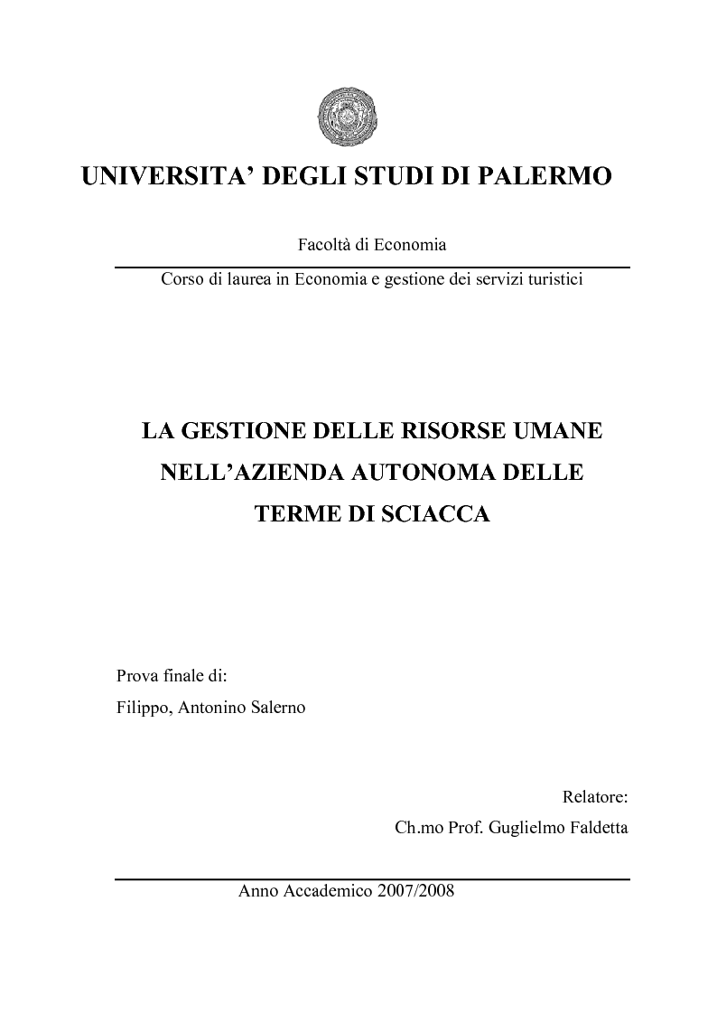 Anteprima della tesi: La gestione delle risorse umane nell'azienda autonoma delle Terme di Sciacca, Pagina 1