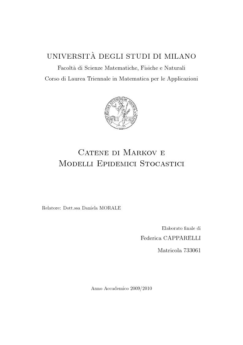 Anteprima della tesi: Catene di Markov e processi epidemici stocastici, Pagina 1