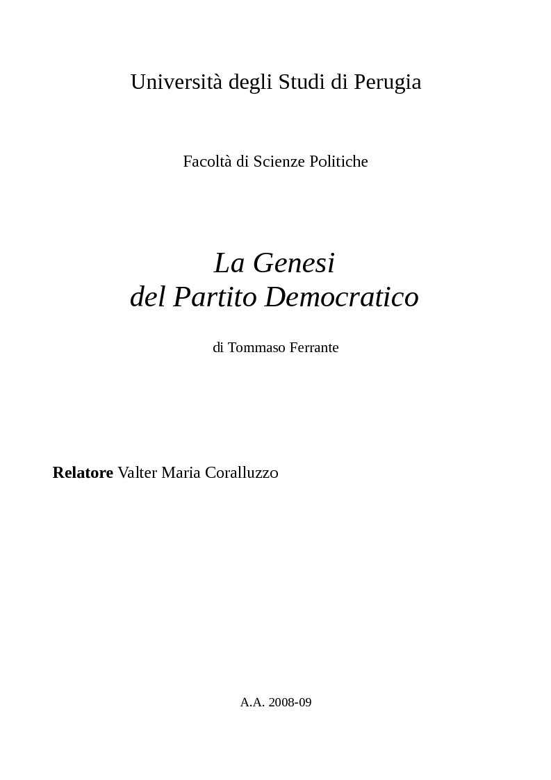 Anteprima della tesi: La Genesi del Partito Democratico, Pagina 1