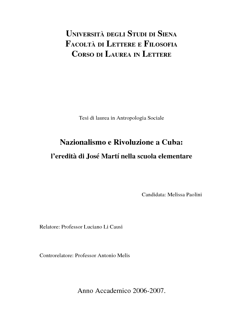 Anteprima della tesi: Nazionalismo e rivoluzione a Cuba: l'eredità di José Martí nella scuola elementare, Pagina 1