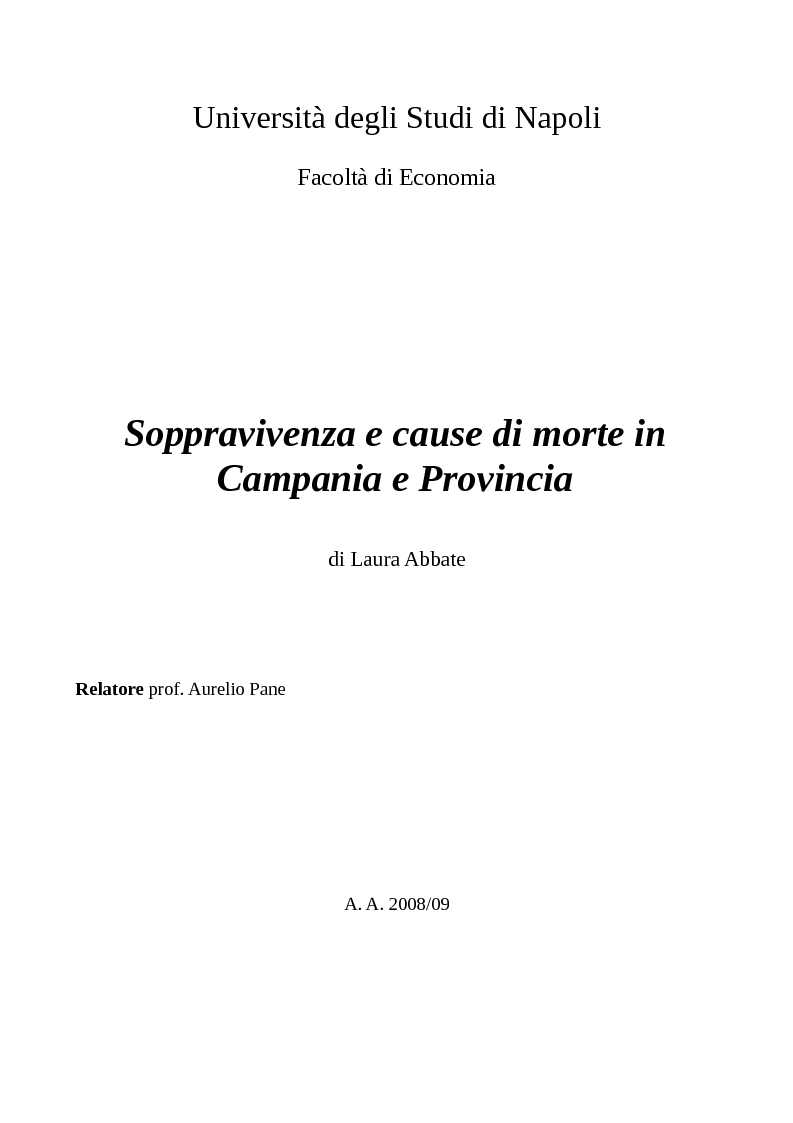 Anteprima della tesi: Soppravivenza e cause di morte in Campania e Provincia, Pagina 1