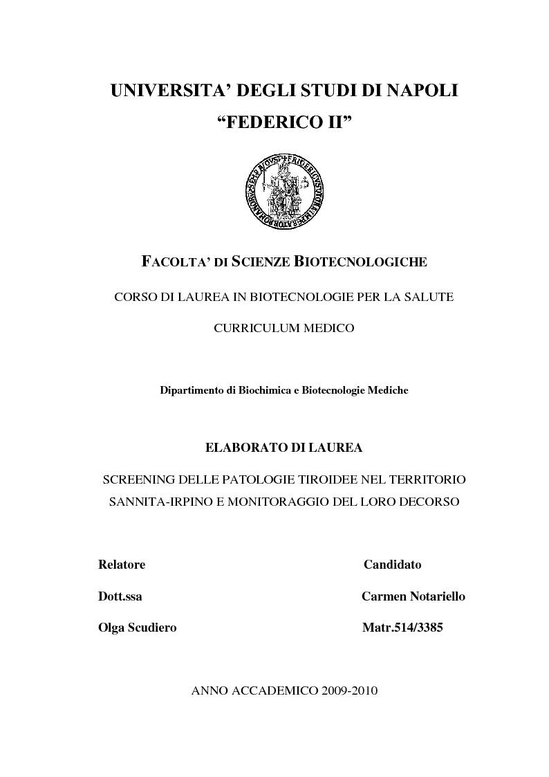 Anteprima della tesi: Screening delle patologie tiroidee nel territorio Sannita-Irpino e monitoraggio del loro decorso, Pagina 1